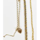 A 9ct yellow and white gold rope twist necklace, and a 9ct bracelet with padlock clasp, approx 7.2g,