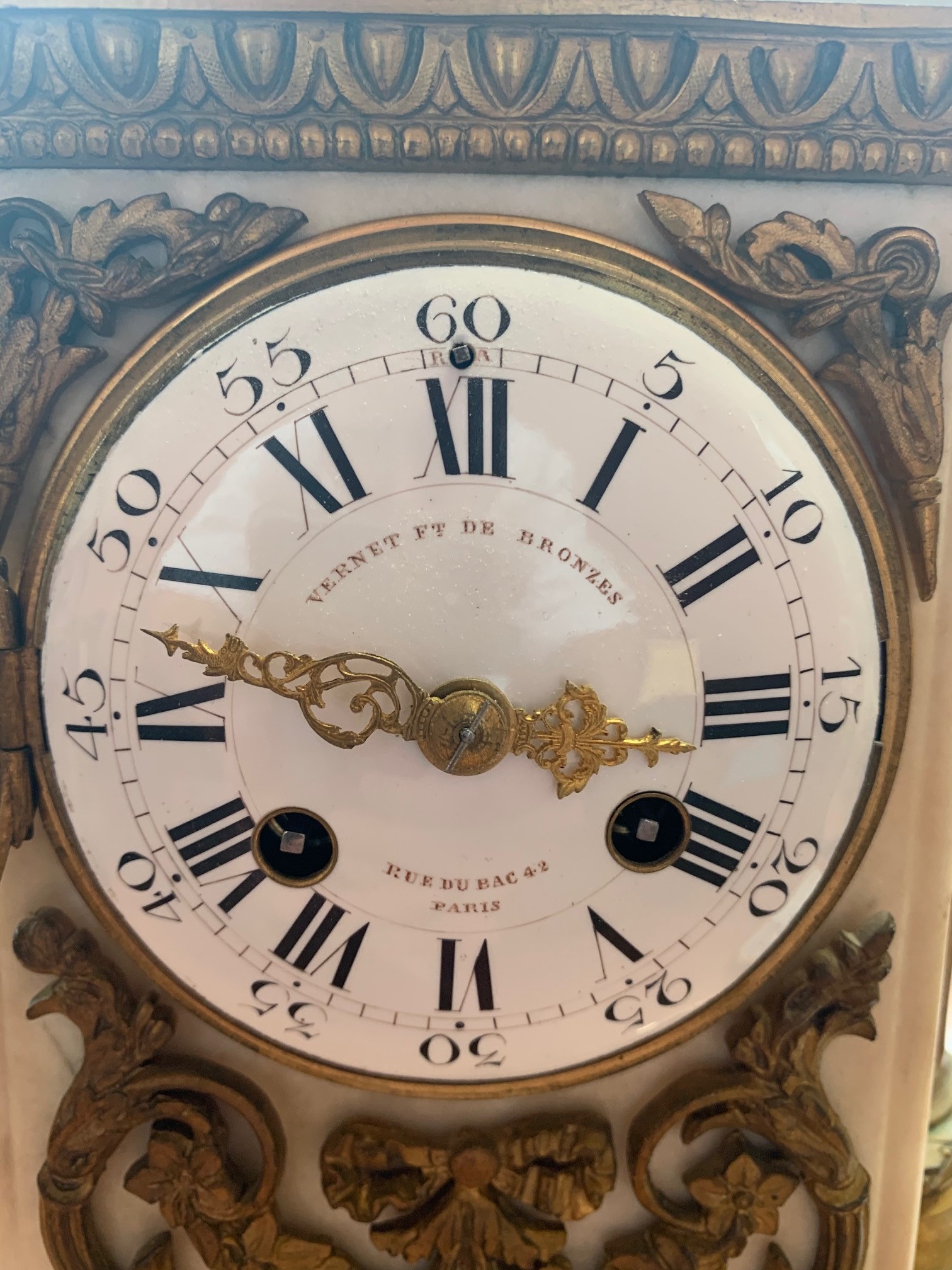 A late 19th century French white marble gilt metal mounted mantel clock, the white enamel dial set - Image 11 of 14