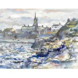 ROBERT BINDLOSS; mixed media, coastal townscape with cliffs to foreground and church to