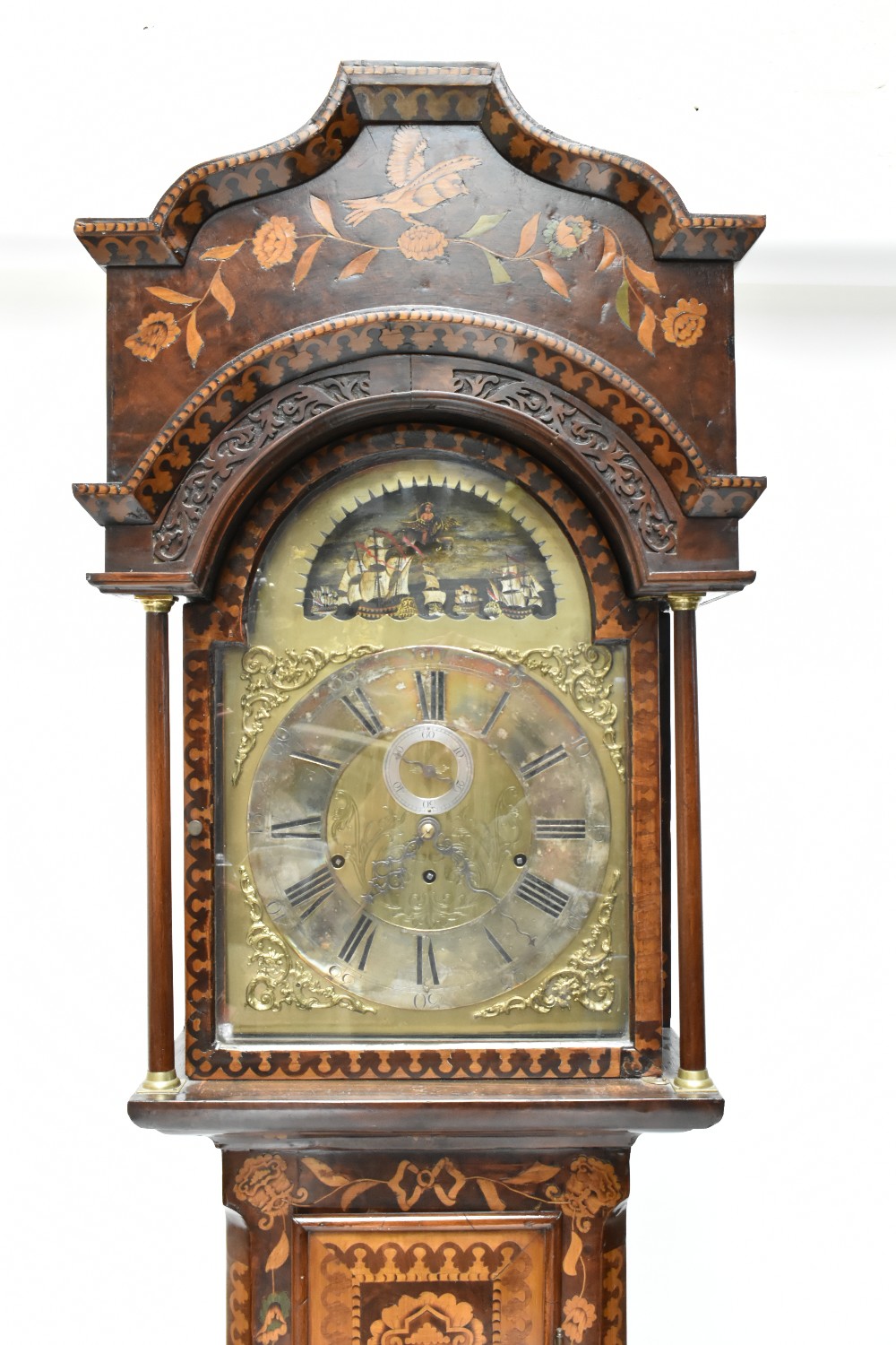 A 19th century Dutch longcase clock, the walnut case with marquetry inlay, the brass face with - Image 4 of 17