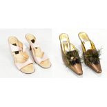 TIMOTHY HITSMAN; a pair of gold leather and feather embellished mules, size UK 6.5, and a pair of