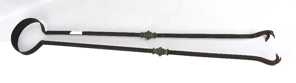 An unusual over sized giant pair of French iron log tongs with claw grips, length 122cm.