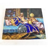 A late 19th century rectangular tile, painted with two Eastern figures seated, one beside a