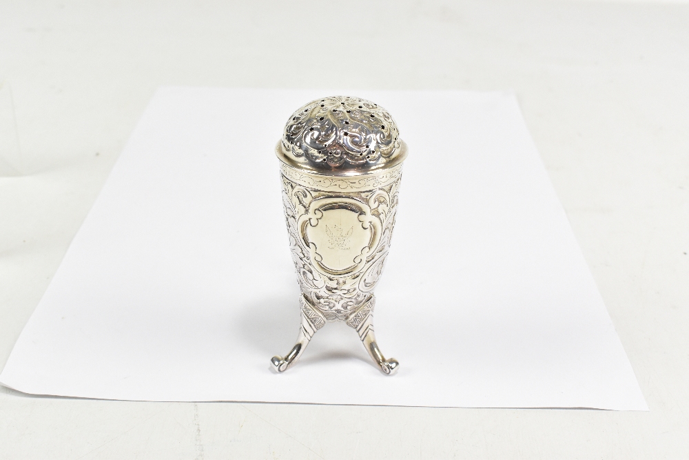 A Victorian hallmarked silver sugar caster in the form of a horn, with scrolling handle, engraved - Image 2 of 3