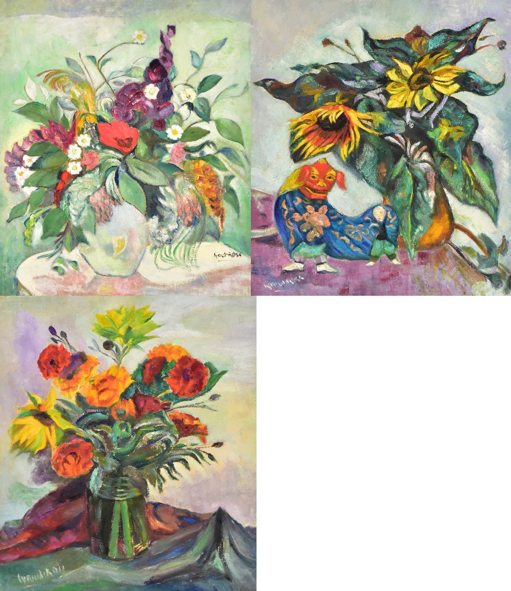 CYRIL J. ROSS (1891-1973); three oils on panel, still lives of flowers, 67 x 56cm (1) and 61 x