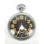 WALTHAM; an open face crown wind military issue pocket watch, the black dial set with orange