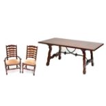 A set of six wavy ladder back dining chairs with padded seats and a Spanish style plank top