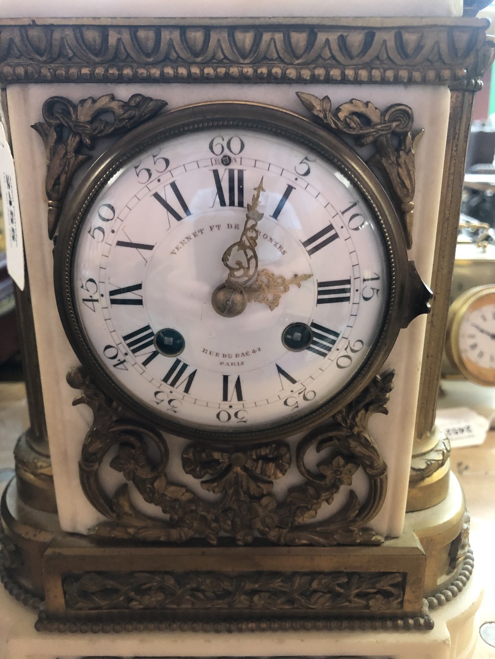 A late 19th century French white marble gilt metal mounted mantel clock, the white enamel dial set - Image 5 of 14