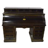 A 19th century Continental ebonised and brass inlaid desk with three drawers above fall front
