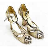 MUI MUI; a pair of python snakeskin and gold sequinned strappy sandals, heel 100mm/4 inches, size