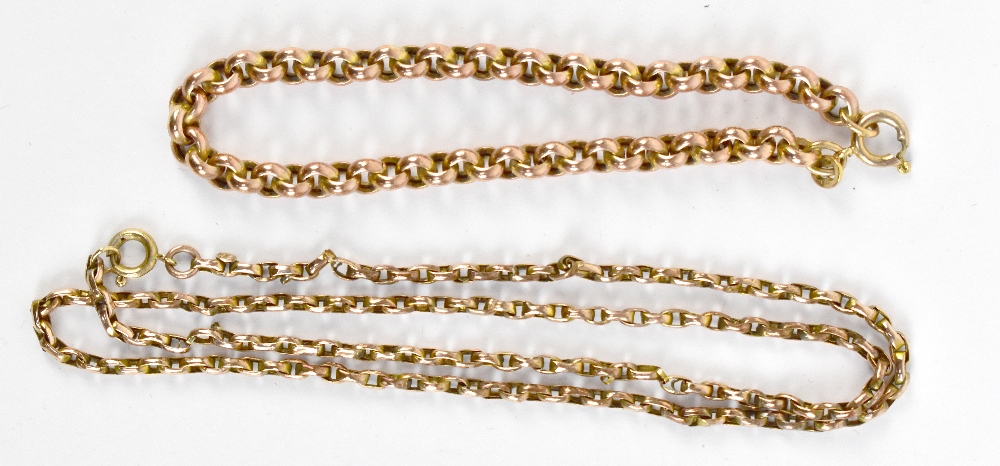 A 9ct rose gold belcher link bracelet and a 9ct yellow gold necklace, combined approx 1.6g.