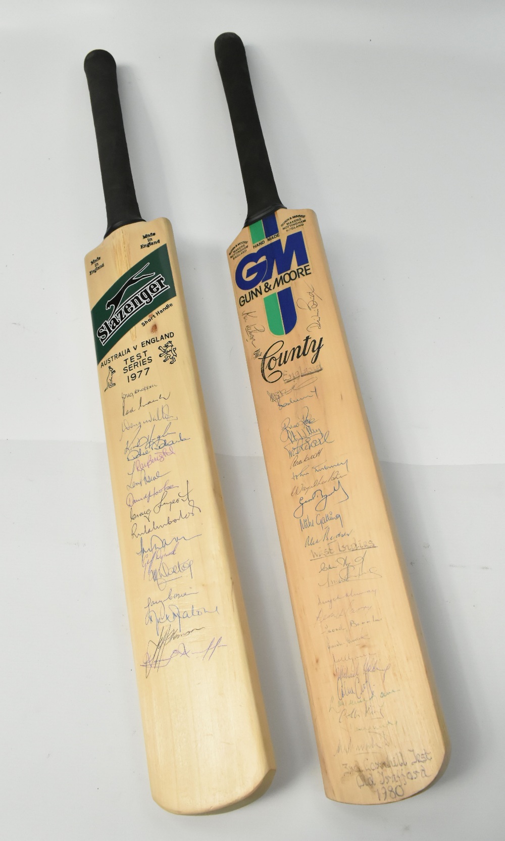 Two signed cricket bats, the first for the Australia V England Test Series 1977 including Ray