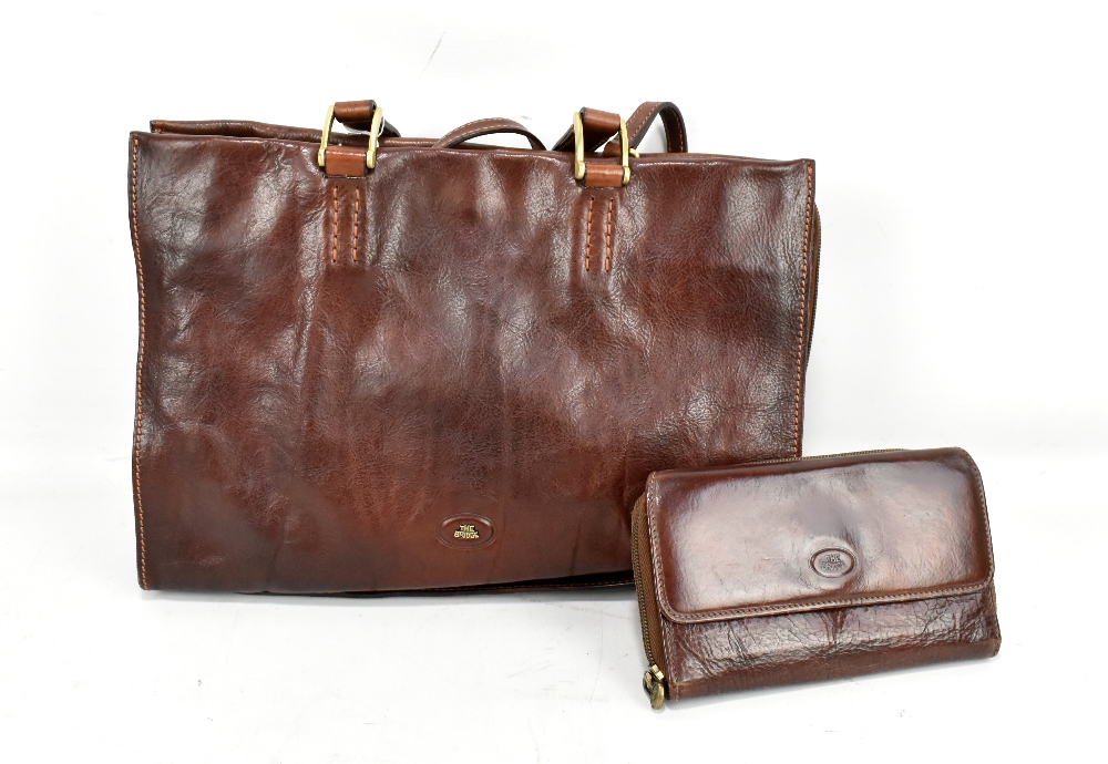 THE BRIDGE; a brown leather handbag with upright handles and detachable cross body handle, 35 x 25 x