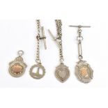 Two hallmarked silver Albert chains, three fob medals, one inscribed 'M&D S.S.F.L. 1921', and