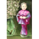 JOHN RICHARD; a hand painted rectangular porcelain plaque depicting child in purple robes beside