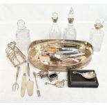 A quantity of assorted silver plate to include a twin handled butlers' tray with cast rim, flatware,