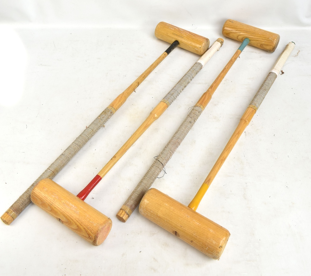 JAQUES; a vintage boxed croquet set with two additional distressed mallets. - Image 3 of 3