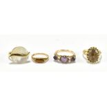 Four 9ct yellow gold dress rings, various sizes, combined 13g.