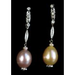 A pair of white metal, diamond and cultured freshwater pearl earrings, length of each 4cm,