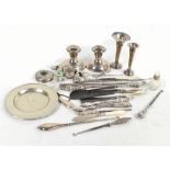 A group of variously hallmarked silver and silver handled items including a pair of vases on