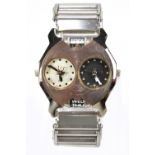 HI TEK; a stainless steel steampunk retro futuristic unisex wristwatch with two faces and two