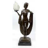 A contemporary bronzed metal figural lamp modelled as a nude lady with a shawl, with moulded