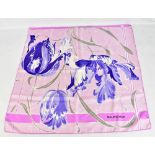 BALENCIAGA; a pink square 100% silk scarf emblazoned with iris flowers.