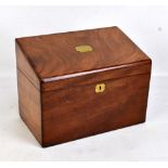 An early 19th century mahogany stationery box with later inset brass back to lid,