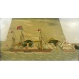 A mid 19th century sailor's needlework panel depicting a paddle steamer and further vessel at sea