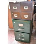 A vintage green metal two drawer filing cabinet and another brown metal four drawer example (2).