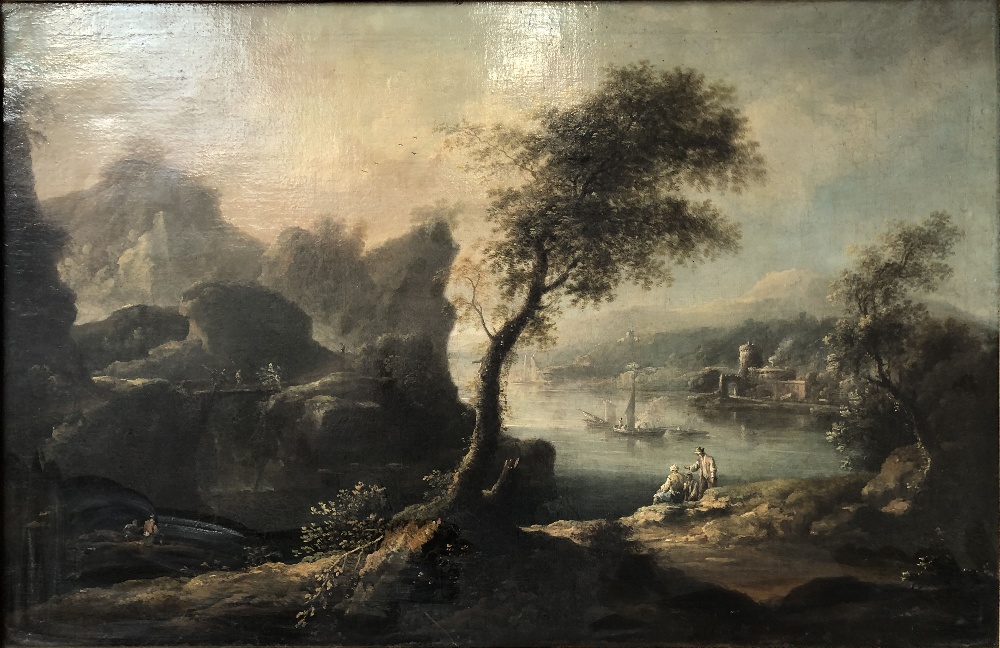 STYLE OF GASPAR DUGHET (18TH CENTURY); oil on canvas, romantic landscape with boats on a lake beside - Image 2 of 6