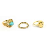 A yellow metal lady's ring with turquoise stone, size K, a 9ct yellow gold rope twist ring, and a