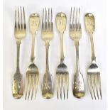 A set of six Victorian hallmarked silver Fiddle pattern forks with engraved initials to the