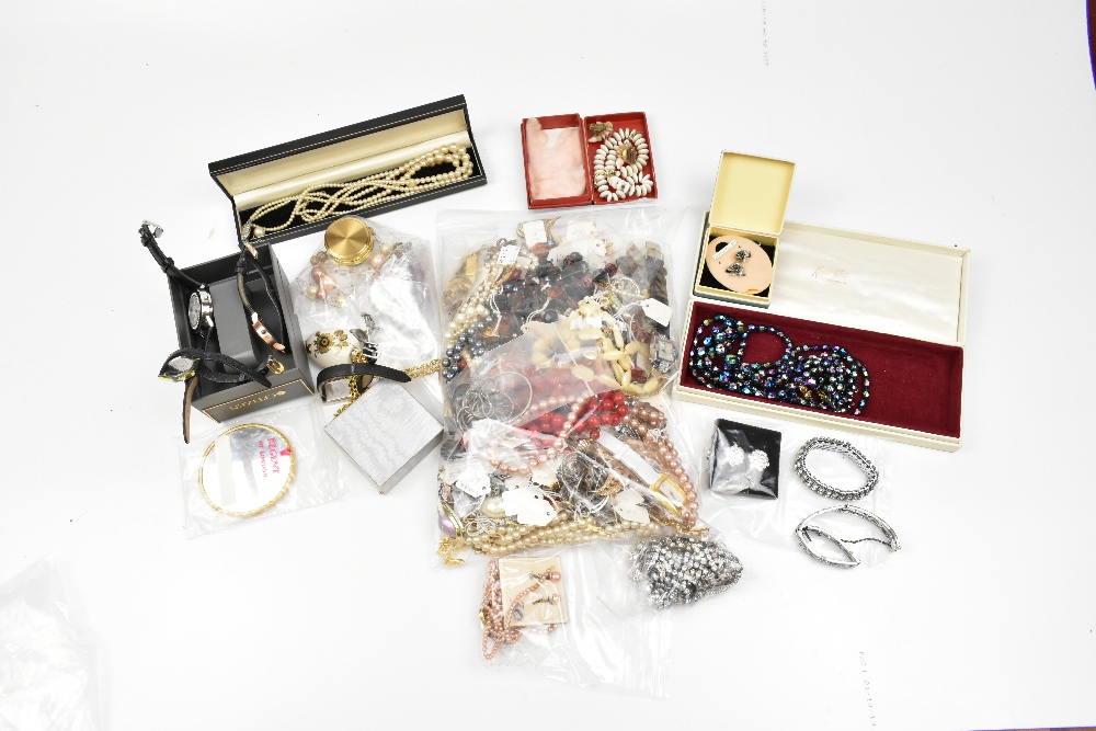 Three bags of costume jewellery including simulated pearls, necklaces, bracelet, earrings, etc.