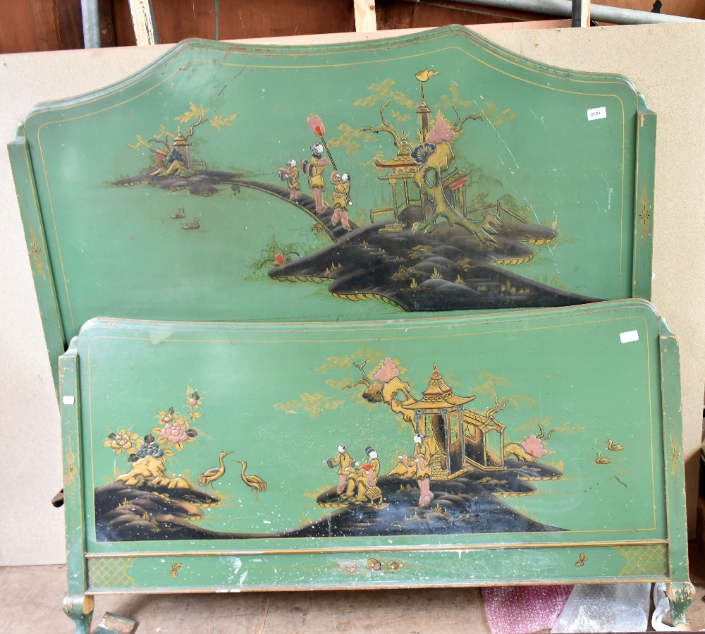 A green lacquered double bed stead.Additional InformationWidth of head board 137cm