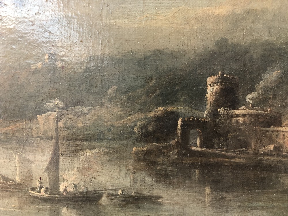 STYLE OF GASPAR DUGHET (18TH CENTURY); oil on canvas, romantic landscape with boats on a lake beside - Image 4 of 6
