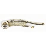 A Victorian hallmarked silver bosun's whistle, with engraved detail and bearing initials 'HDC',