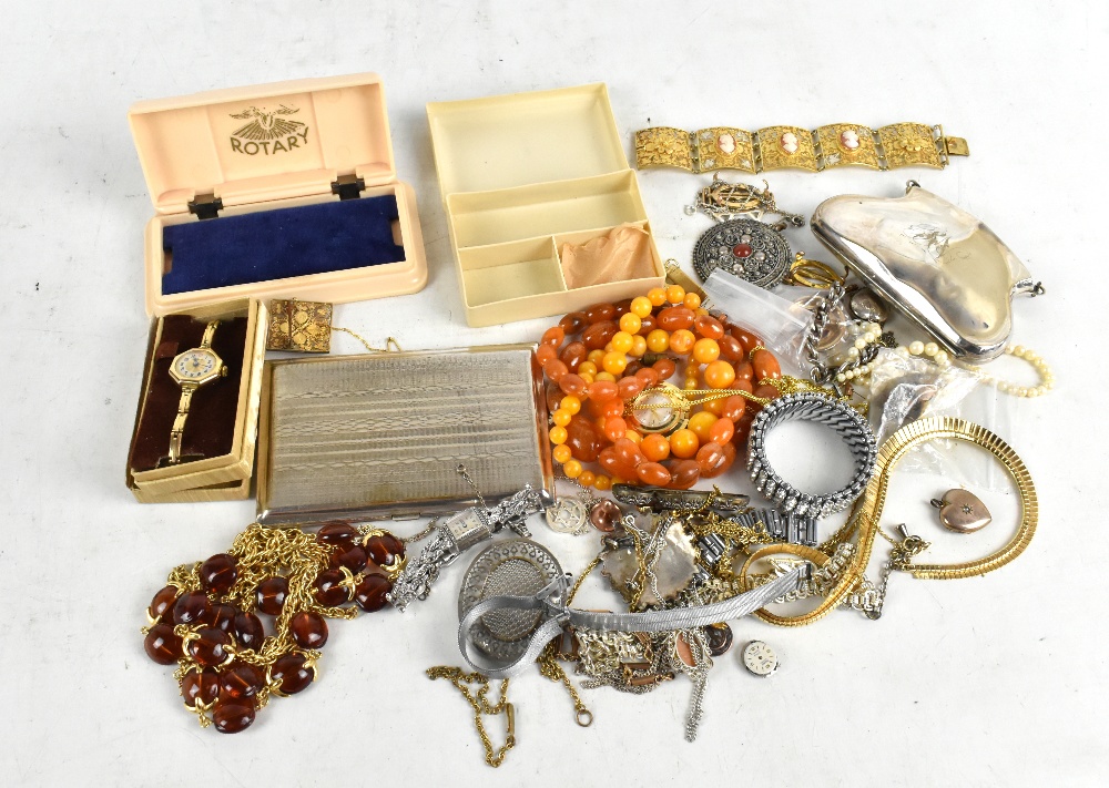 A quantity of costume jewellery including bead necklaces, chains, bracelets, brooches, watch box,