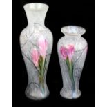 OKRA; two floral decorated vases on mottled white grounds, marked to bases, height of larger 29.
