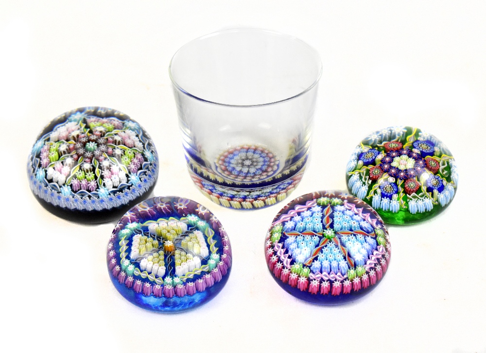 PERTHSHIRE; four glass paperweights, each with Millefiori decoration to include example signed and