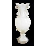 A large alabaster table lamp modelled as a Classical style urn with crimped rim and grotesque