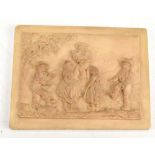 An unusual 19th century carved alabaster panel depicting five figures dancing in a mountainous