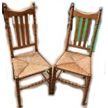 A set of six Arts and Crafts oak bobbin turned dining chairs, with splat backs and rush seats (4+