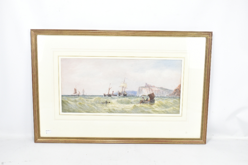 19TH CENTURY ENGLISH SCHOOL; watercolour, 'Peel Castle', coastal scene with boats including paddle - Image 2 of 4