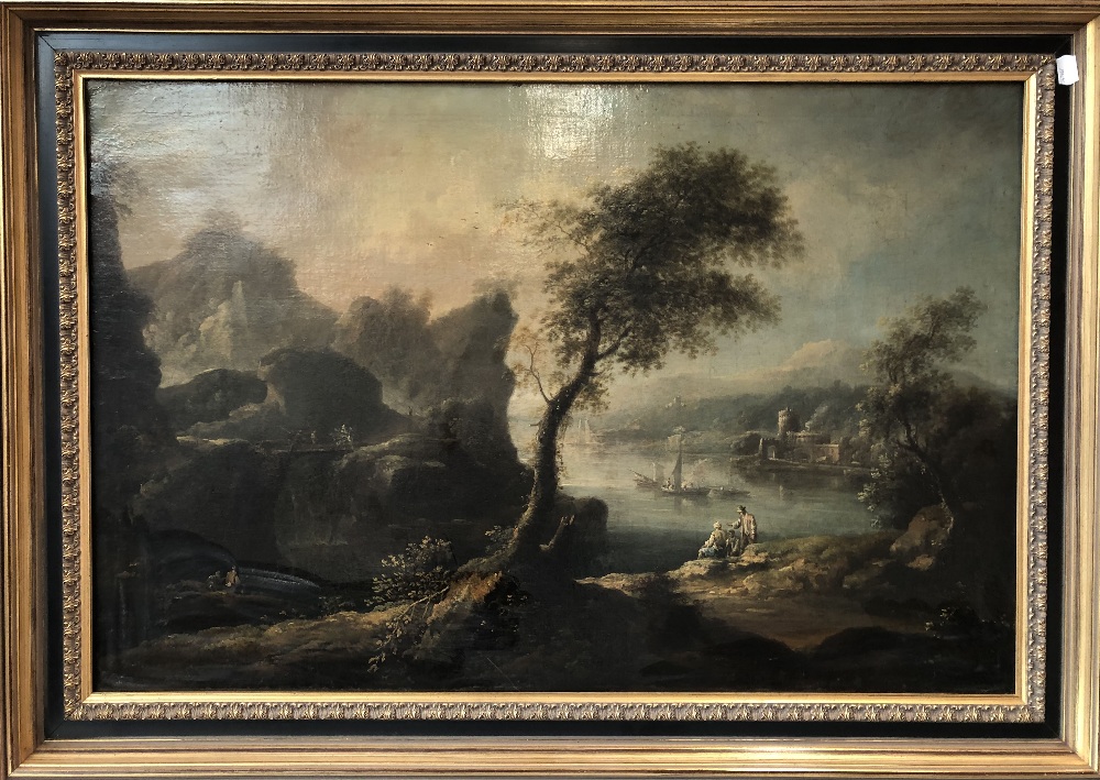 STYLE OF GASPAR DUGHET (18TH CENTURY); oil on canvas, romantic landscape with boats on a lake beside