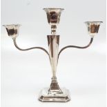 JAMES DEAKIN & SONS; a George V hallmarked silver triple sconce twin branch candelabrum on loaded