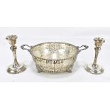 ADIE BROS LTD; a George V hallmarked silver twin handled foliate motif pierced bowl with cast rope