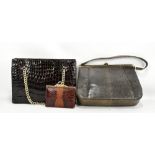 WALDY BAG; a green leather snakeskin vintage handbag with attachable purse containing an original
