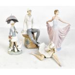 LLADRO; four figurines to include lady with umbrella and geese, ballerina, etc, each in box (part