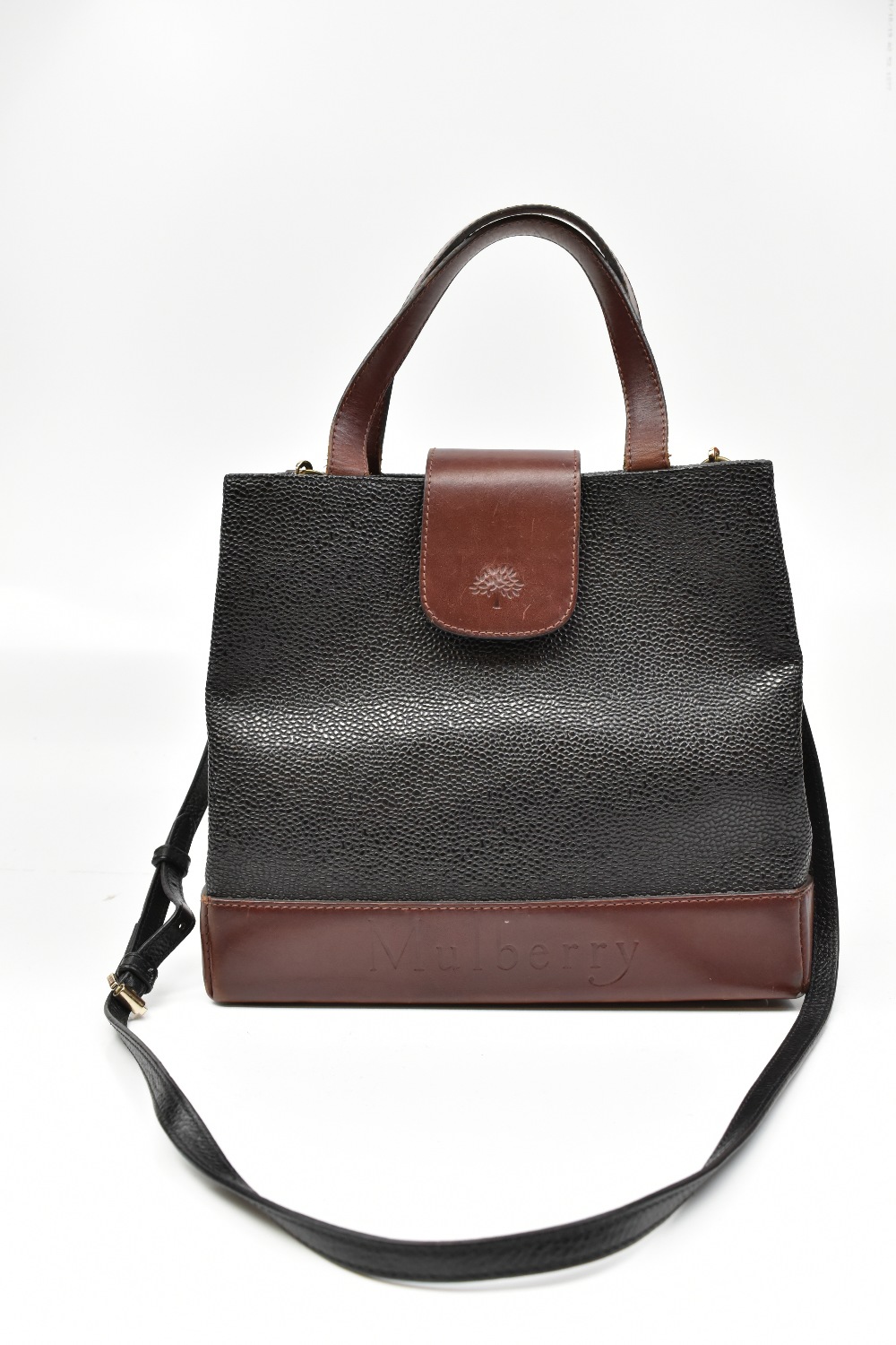 MULBERRY; a black and brown leather/Scotch grain handbag, with an adjustable cross body strap, and